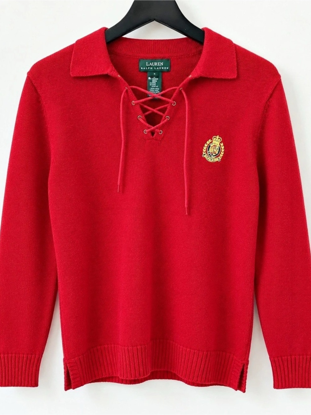 Lauren Ralph Lauren Red Cotton Lace-Up Crest Sweater Women's Small Preppy
